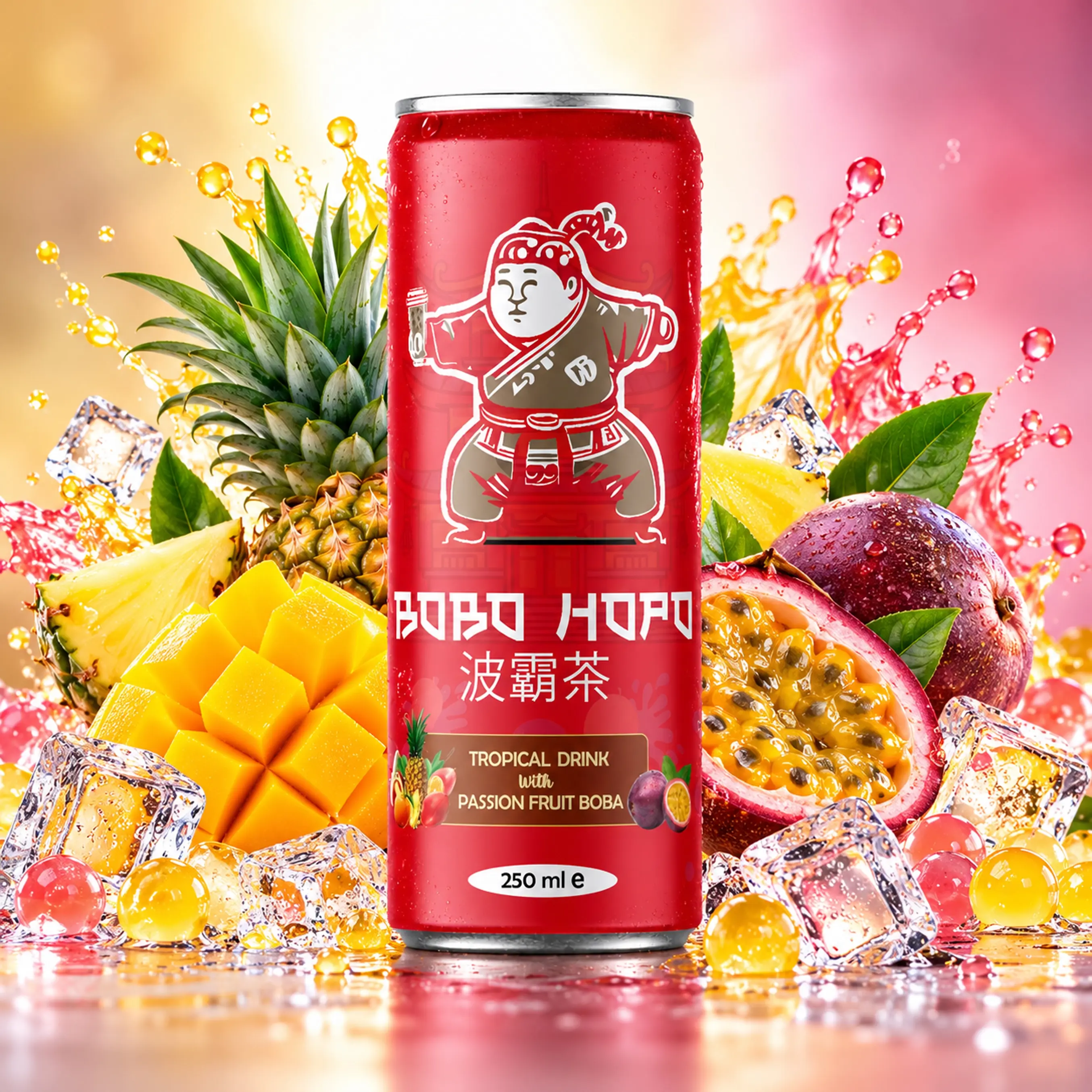 Bobo Hopo 250 ml tropical drink with passion fruit boba, mango, pineapple, passion fruit, ice cubes and colourful splash.